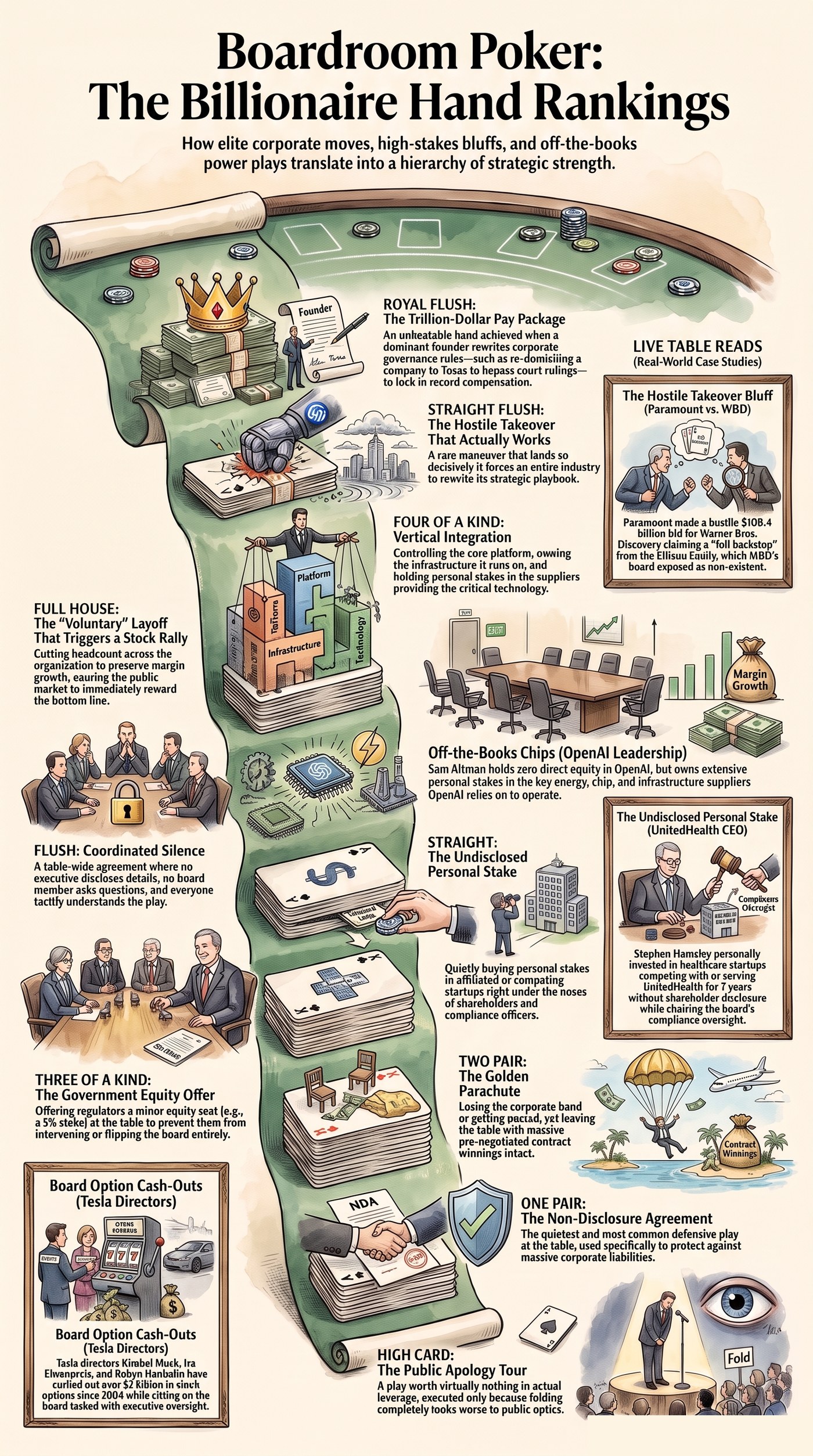 Infographic: Boardroom Poker — The Billionaire Hand Rankings, from the Royal Flush (the trillion-dollar pay package) down through real-world cases like the Paramount-Warner Bros. Discovery merger, OpenAI's off-the-books chips, Tesla director cash-outs, and UnitedHealth's undisclosed personal stake, to the High Card (the public apology tour).