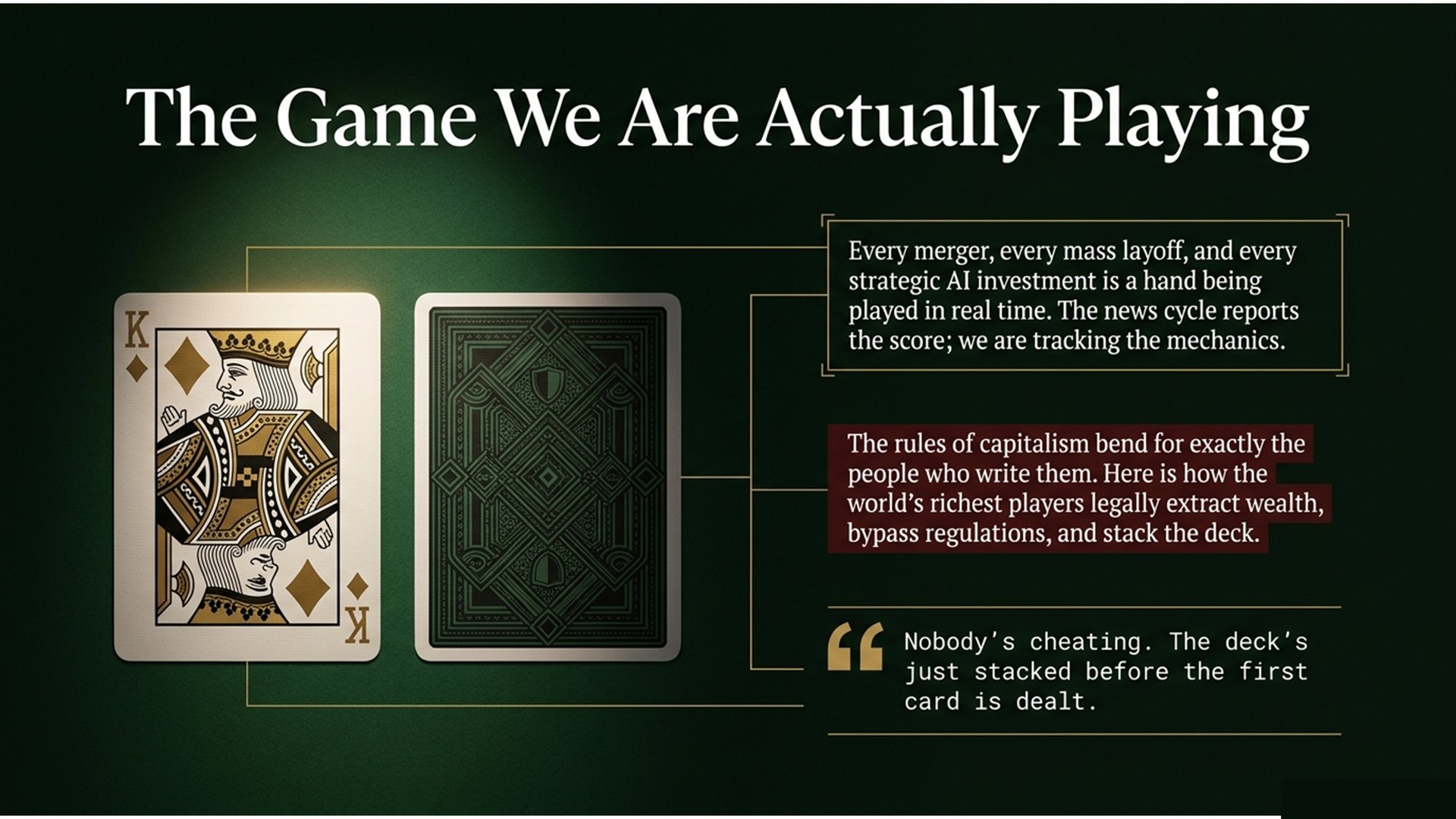 Slide 2: The Game We Are Actually Playing — the rules of capitalism bend for the people who write them